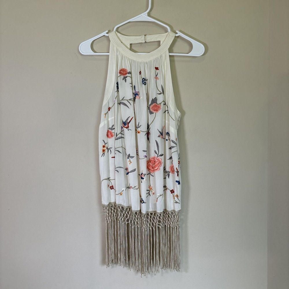 Anthropologie Gatsby Fringe Embroidered Floral Statement Tank Halter Top Size 10